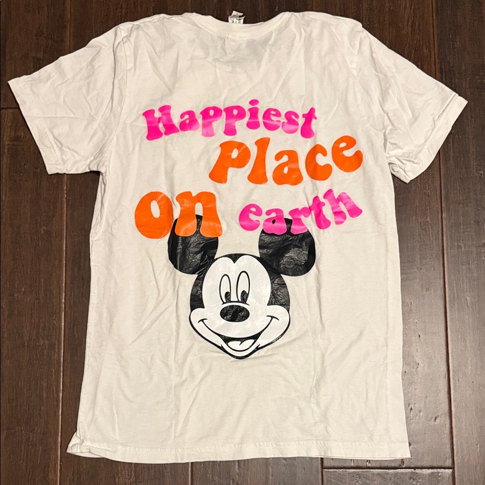 Bella Canvas White Tee with Pink and Orange 'Happiest Place on Earth' Graphic
